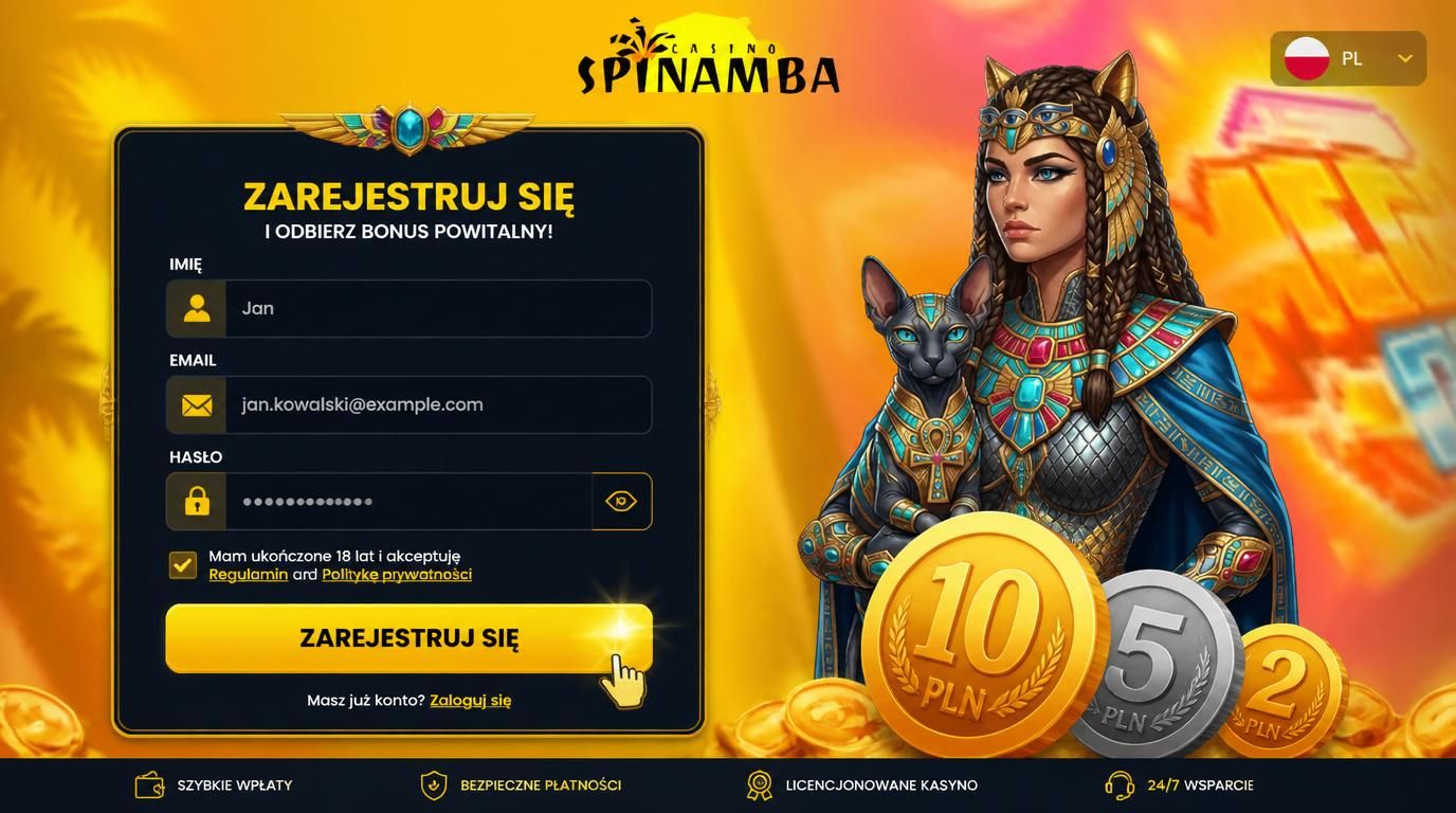 Formularz rejestracji w kasynie online z ikonami niskich wpłat i flagą Polski