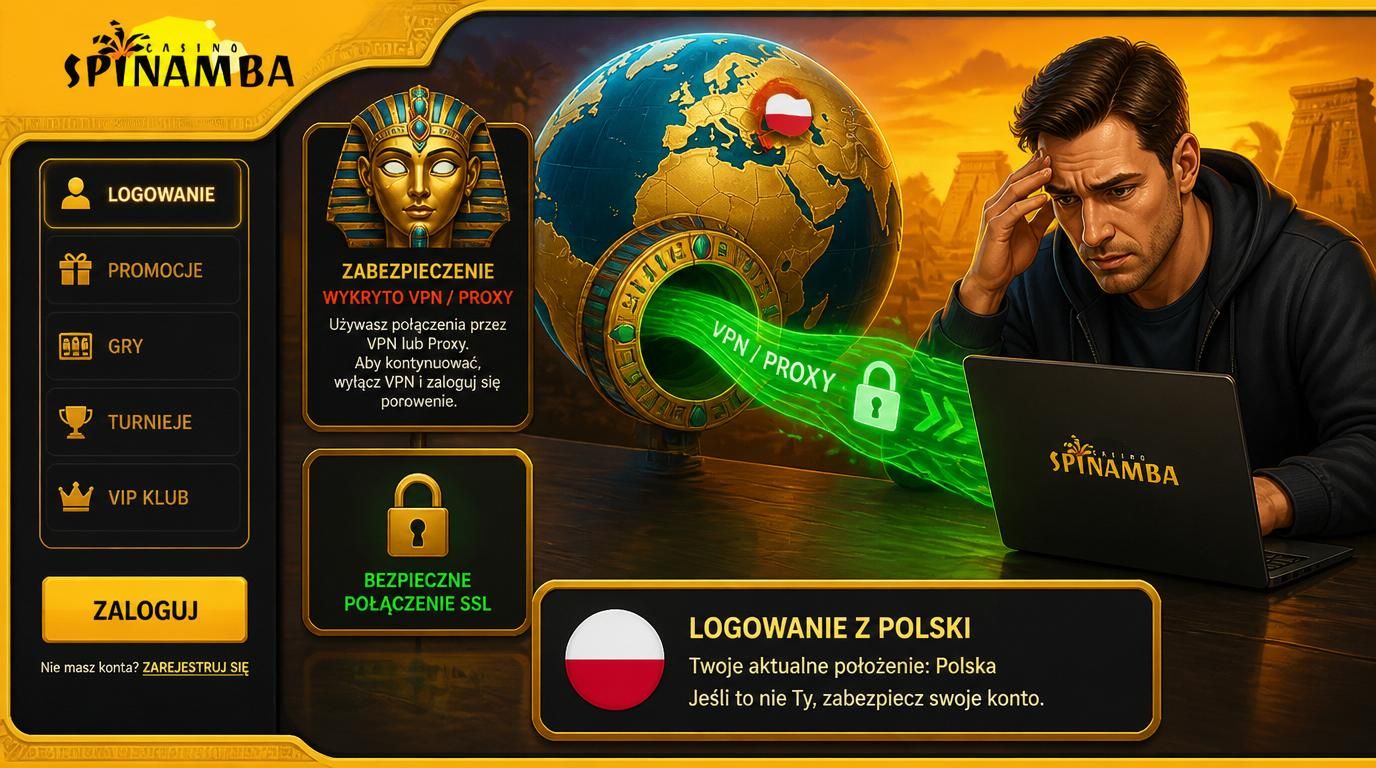 Symbol VPN/proxy, blokada konta w kasynie, użytkownik z Polski