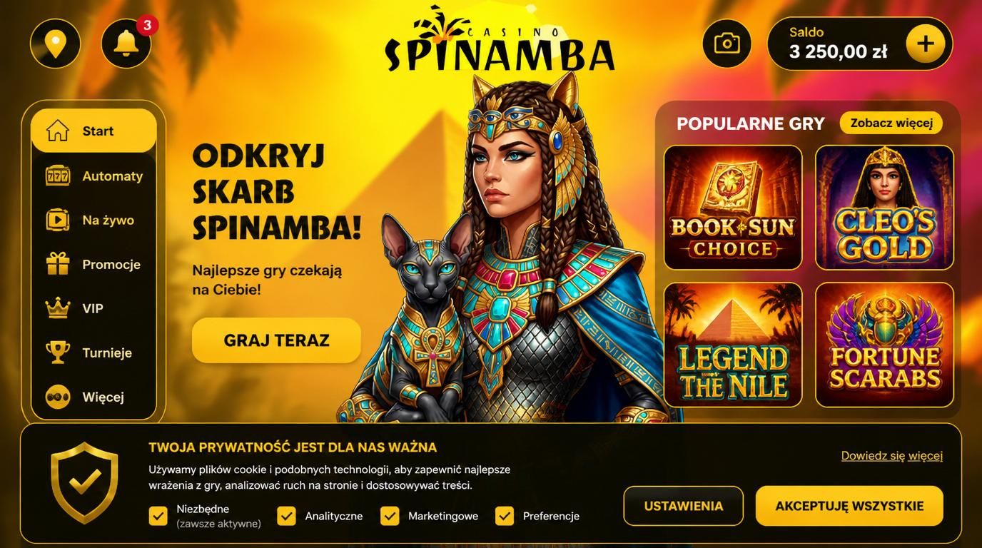 Ikony zgód lokalizacji, powiadomień i aparatu widoczne na ekranie aplikacji Spinamba.