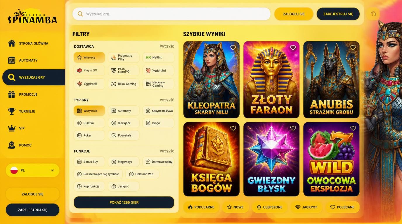 Wyszukiwarka gier i filtry pokazane na ekranie urządzenia mobilnego.