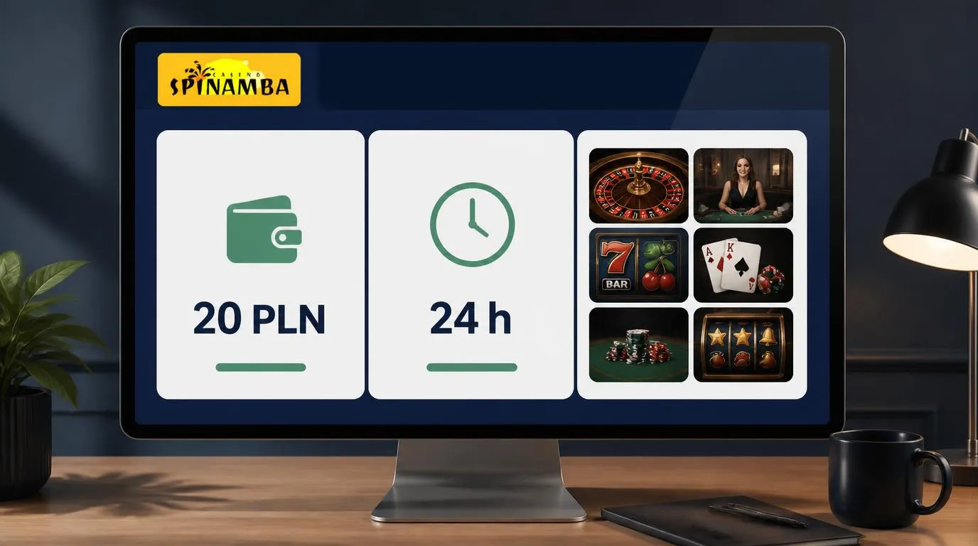 Panel kasyna z depozytem 20 PLN, zegarem wypłaty 24 h i miniaturą stołu z krupierem na żywo