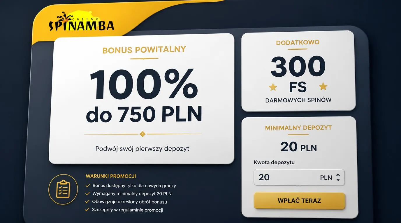 Panel bonusu powitalnego z ofertą 100% do 750 PLN, 300 darmowymi spinami i minimalnym depozytem 20 PLN