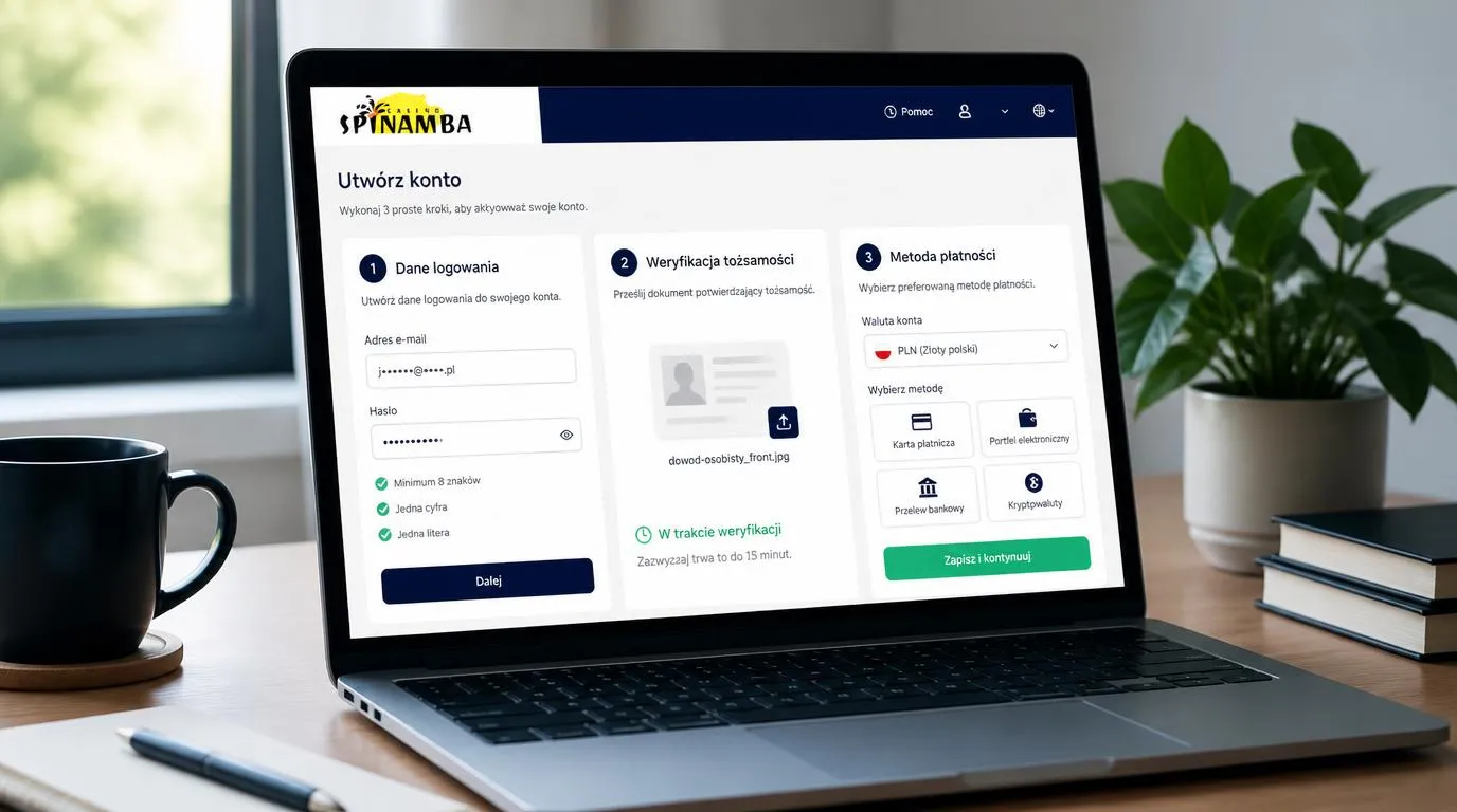 Panel rejestracji konta z weryfikacją dokumentów i wyborem depozytu w PLN